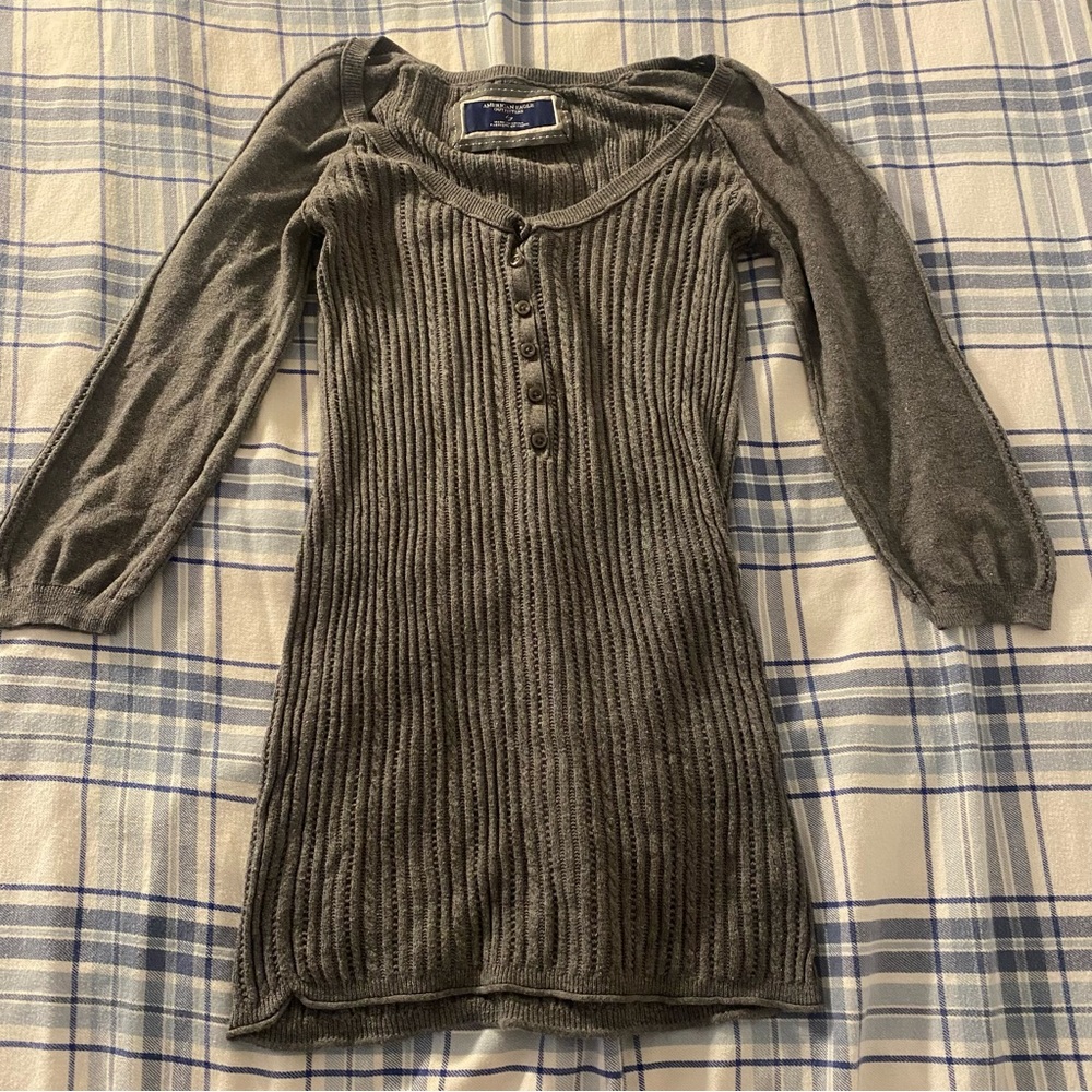 American Eagle Outfitters Gray Ribbed Henley Sweater Dress